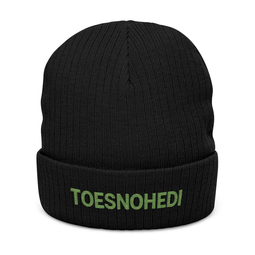Embroidered 'TOESNOHEDI' Ribbed Knit Beanie — Cozy Novelty Winter Hat