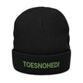 Embroidered 'TOESNOHEDI' Ribbed Knit Beanie — Cozy Novelty Winter Hat