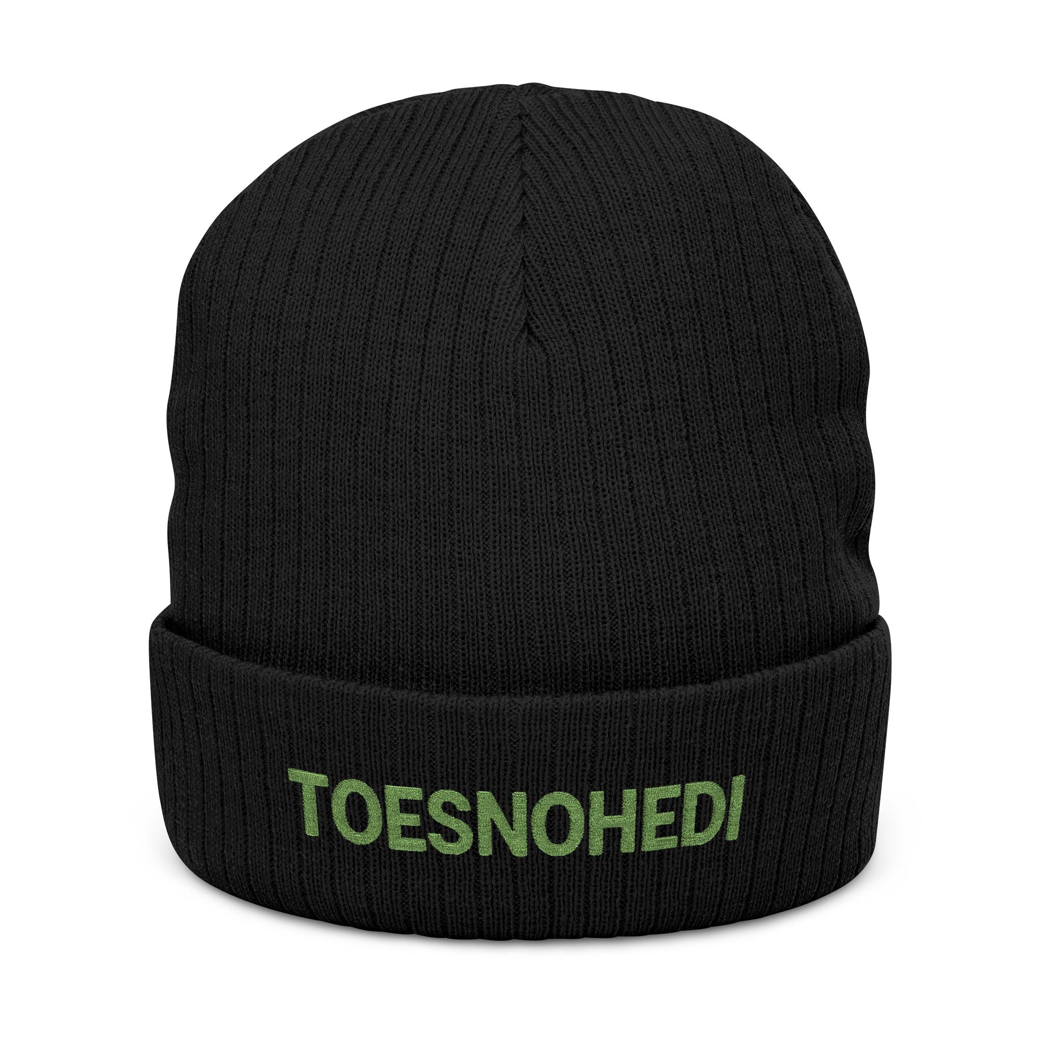 Embroidered 'TOESNOHEDI' Ribbed Knit Beanie — Cozy Novelty Winter Hat